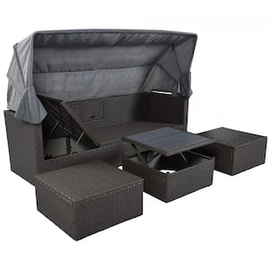 Rectangle Brown Wicker Outdoor Day Bed Sectional Seating with Retractable Canopy Gray Cushions for Backyard Porch
