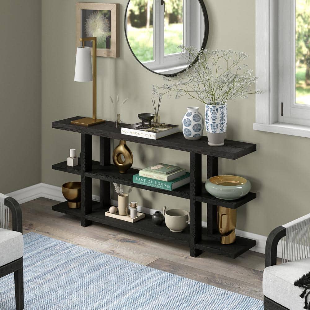 Acosta 64" Black Grain Wood and Metal Console Table with Storage