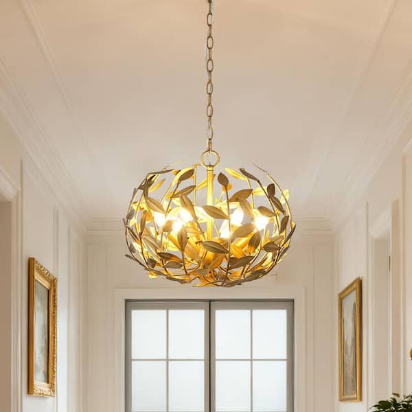 6 Light Gold Chandelier with Layers of Leaves Shade, for Living Room, Dining Room, Foyer, Kitchen