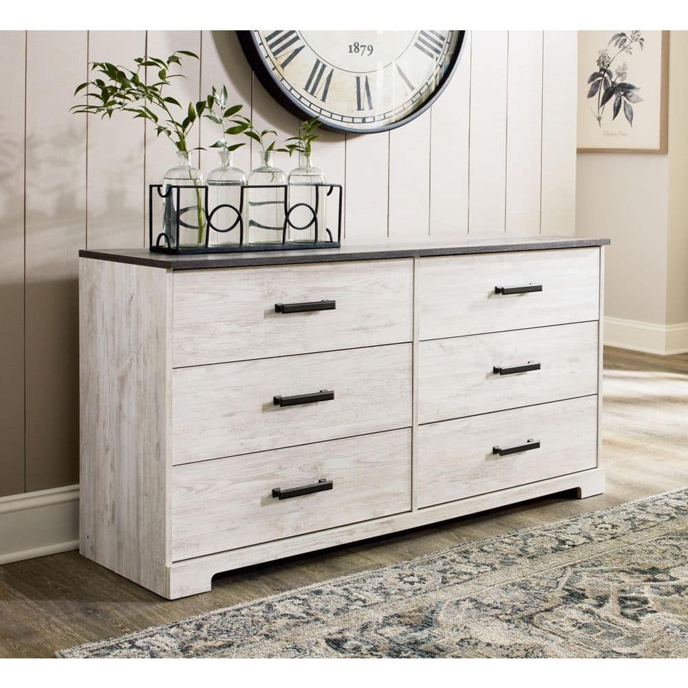 Signature Design by Ashley Shawburn - 6-drawer chest of drawers, white and gray  Color: Two-tone  Size: 19.3"D x 59"W x 28.8"H (6 Drawers)