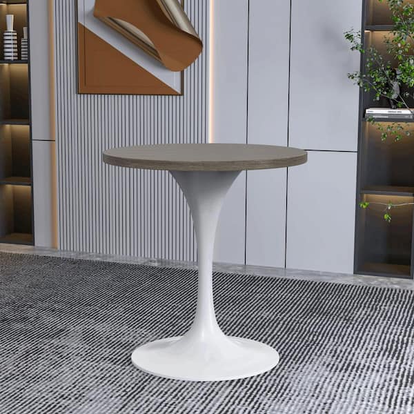 Leisuremod Verve Modern Dining Table with a 27 in. Round MDF Wood Tabletop and White Steel Pedestal Base, Dark Maple