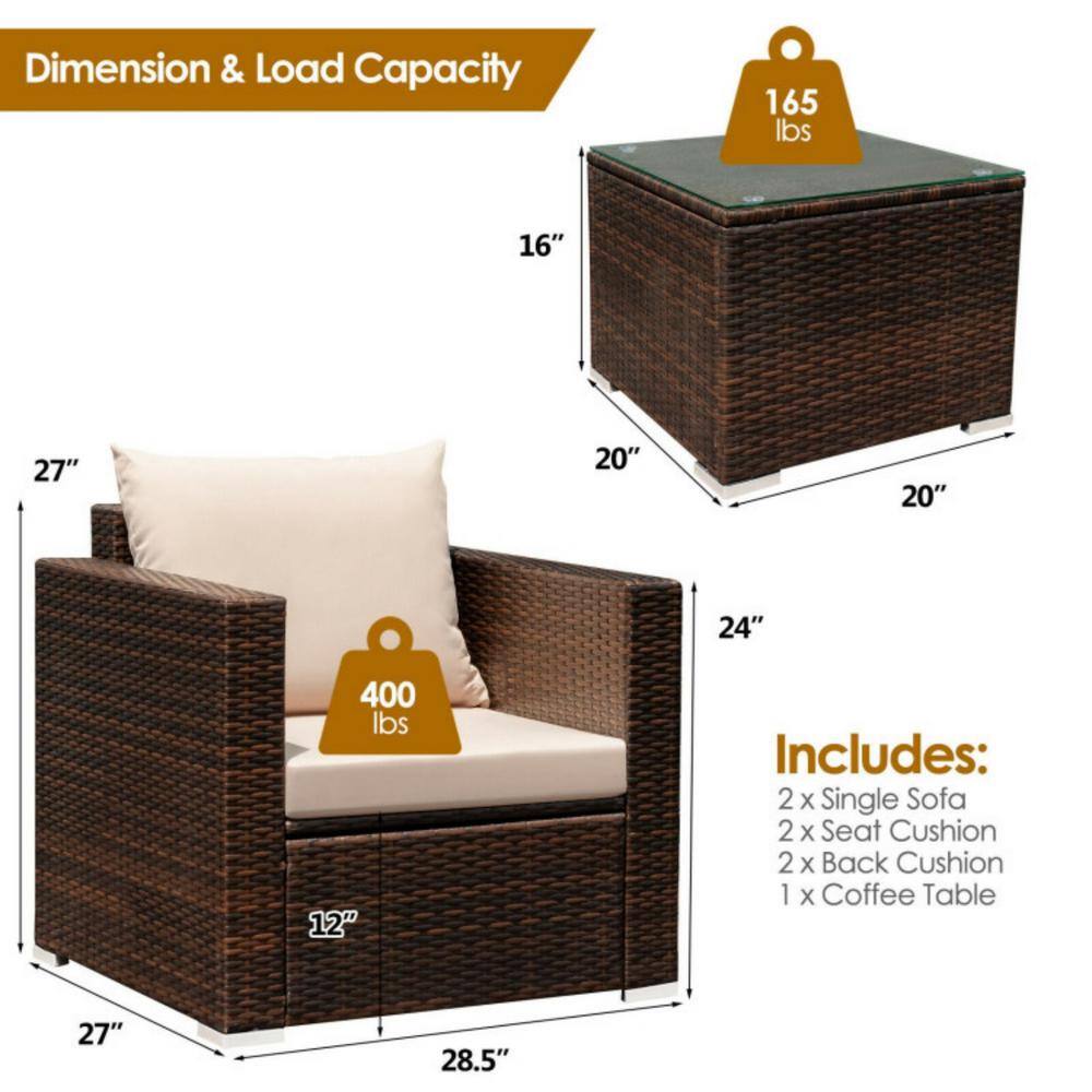 Beige 3-Piece Rattan Patio Conversation Set with Cushions