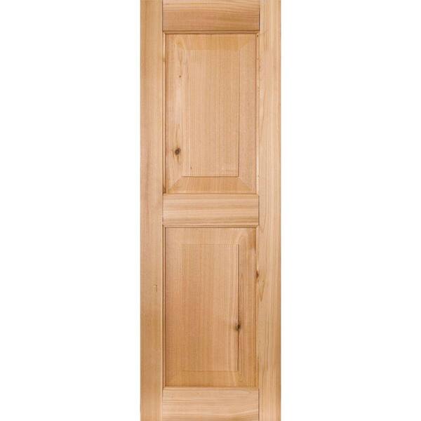 Ekena Millwork 12 in. x 25 in. Exterior Real Wood Pine Raised Panel Shutters Pair Unfinished