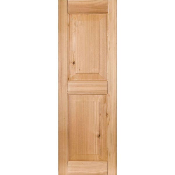 Ekena Millwork 12 in. x 28 in. Exterior Real Wood Pine Raised Panel Shutters Pair Unfinished