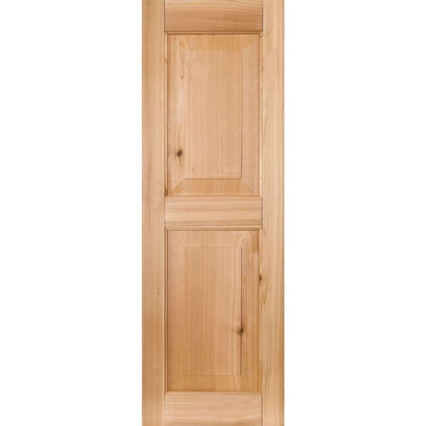 Ekena Millwork 12 in. x 29 in. Exterior Real Wood Pine Raised Panel Shutters Pair Unfinished