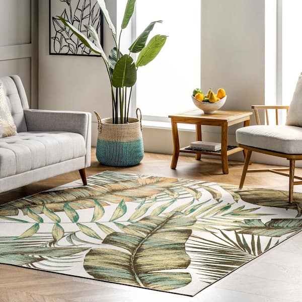 Elen Olive 6 ft. x 6 ft. Machine Washable Natural Leaves Indoor Square Rug