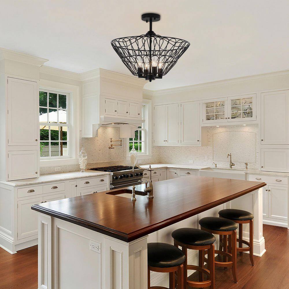Industrial 20 in. 4-Light Matte Black Cone Metal Cage Semi-Flush Mount Light for Hallway Kitchen Island price history on PriceWatchPro
