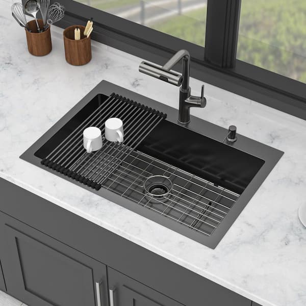 33 in. L x 22 in. W Drop-In Single Bowl 16 Gauge Stainless Steel Kitchen Sink in Gunmetal Black with Faucet