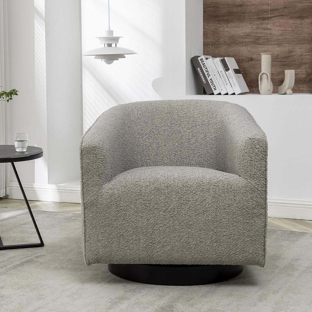 KINWELL Light Gray Poly Blend Boucle Upholstered Swivel Barrel Chair ...