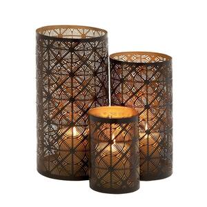 Dark Brown Metal Pillar Geometric Candle Lantern (Set of 3)
