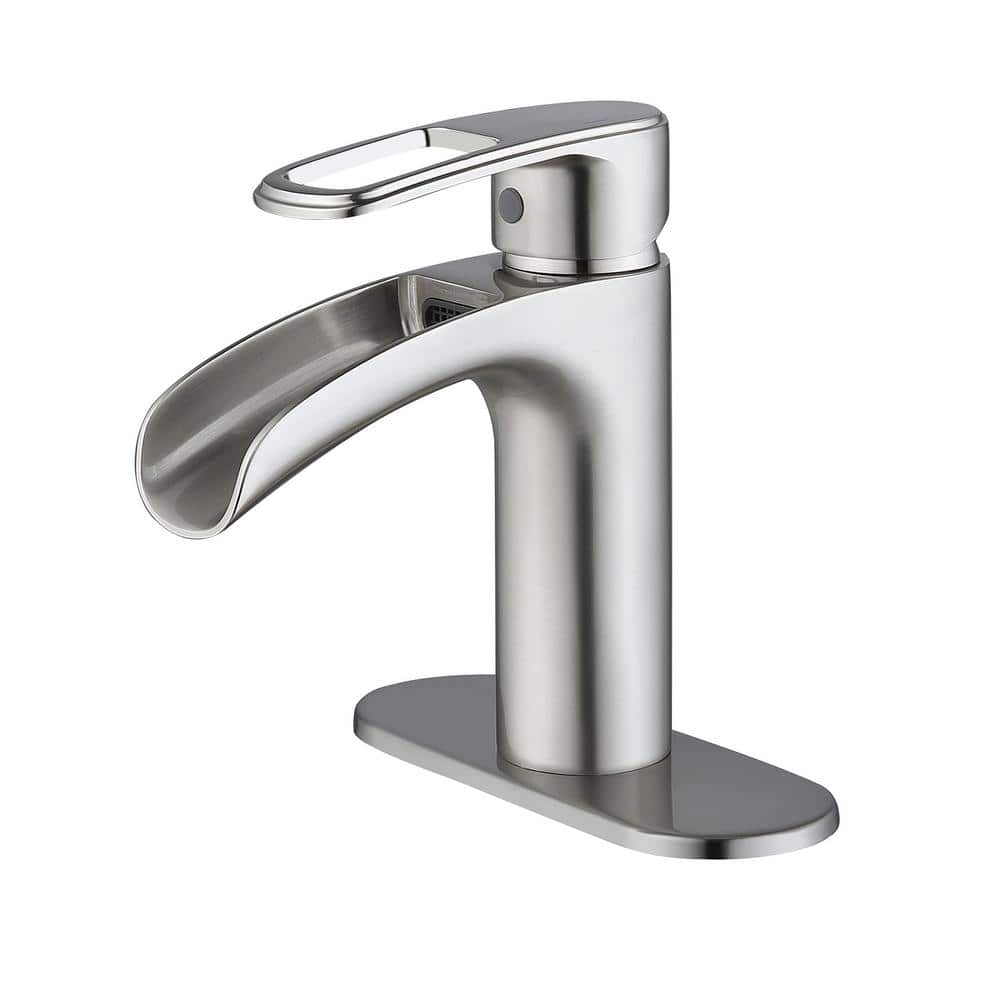 Single Hole Single-Handle Bathroom Faucet with Waterfall in Brushed Nickel