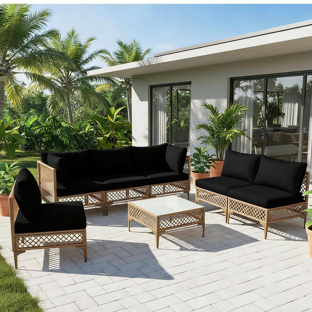 Nature Haven Brown Wicker 7 Pieces Patio Conversation Set with Cushion-guard Black Color Cushions price history on PriceWatchPro
