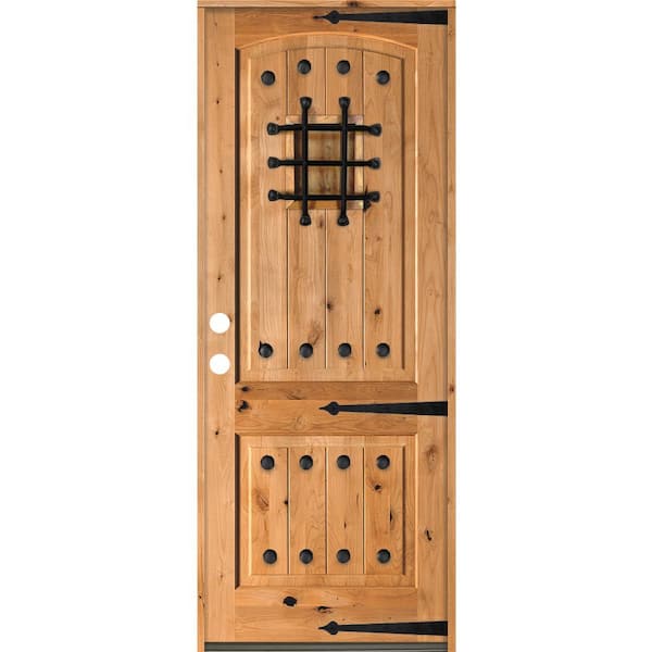 Krosswood Doors 42 in. x 96 in. Mediterranean Knotty Alder Arch Top Clear Stain Right-Hand Inswing Wood Single Prehung Front Door