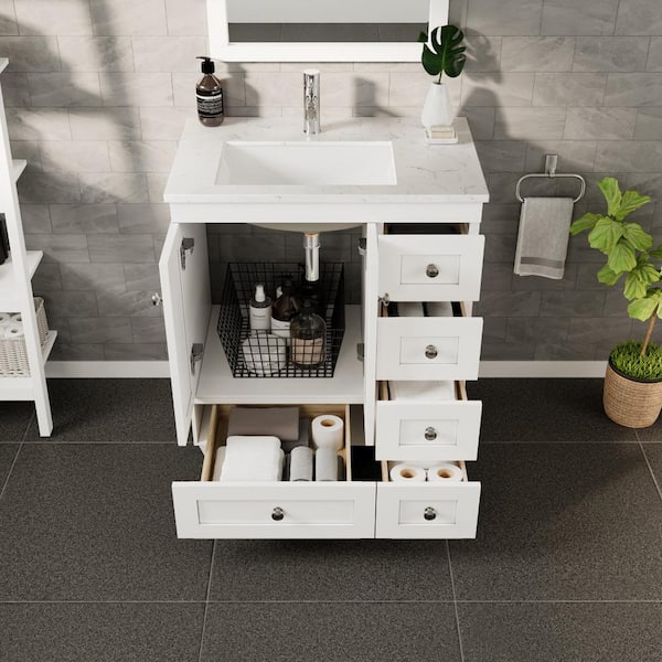 Happy 28 in. Single Sink White Bath Vanity with White Carrara Quartz Top (Assembled)