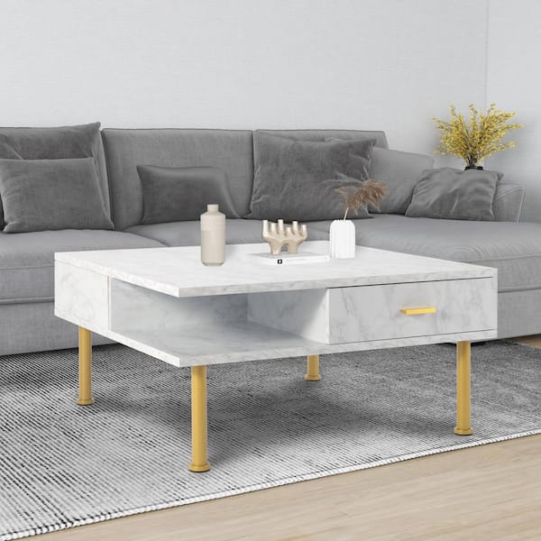 J&E Home 31.5 in. White Square Coffee MDF Top Table with Water-Resistance Marble Grain Veneer GD-W22342948 - The Home Depot