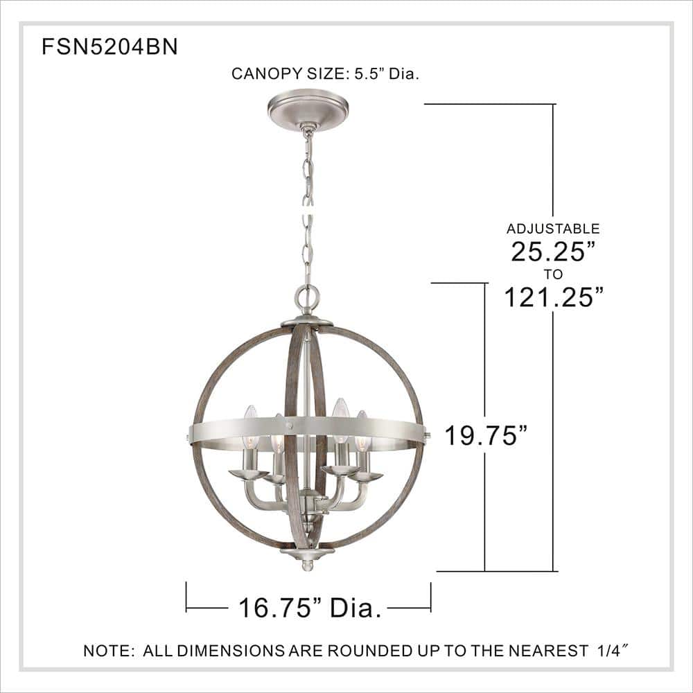Brushed Nickel Cage 4-Light Chandelier with Faux Wood Accents
