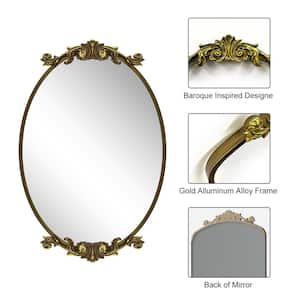 28 in. W x 40 in. H Oval Aluminum Alloy Framed French Cleat Mounted Baroque Wall Decor Bathroom Vanity Mirror in Gold