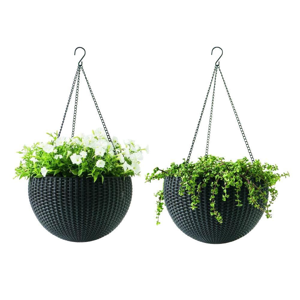Keter 13 8 In Dia Brown Resin Hanging Rattan Planter 2 Pack The Home Depot