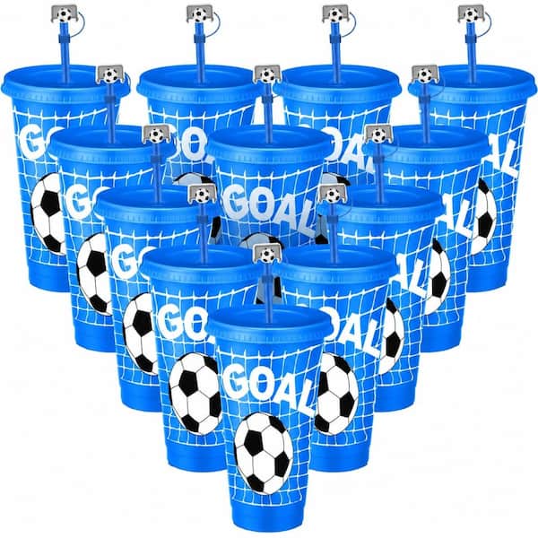 12-Pack 24 oz Reusable Plastic Tumblers with Lids and Straws Featuring Soccer Design for Parties and Fans