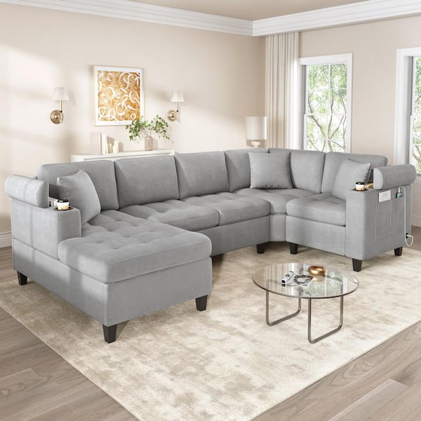 115.7 in. W Chenille U-Shaped Sectional Sofa in. Light Gray with USB Charging, Cup Holders, Flip-Top Storage in Arms