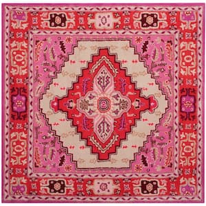 Bellagio Red Pink/Ivory 9 ft. x 9 ft. Border Floral Square Area Rug