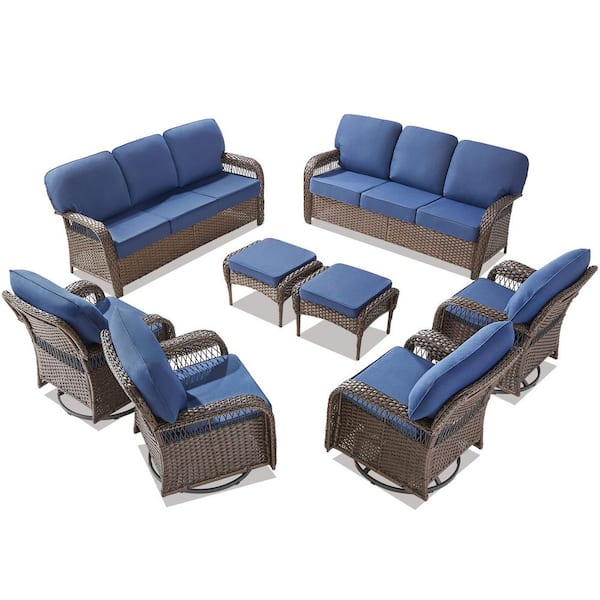 8-Piece Wicker Patio Conversation Set, Outdoor Swivel Chairs, Footstools and Sofa with Blue Cushions