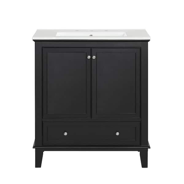 Polibi 30 in. W Single Sink Freestanding Bath Vanity in Black with White Ceramic Top, 2-Doors and 1-Drawer