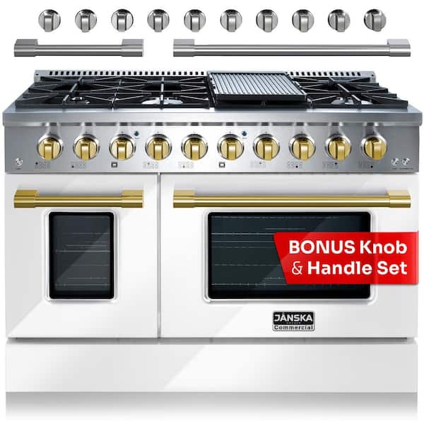 JANSKA Professional Series 48 in. 6.7 cu. ft. 8-Burners Freestanding Double Oven Gas Range with Griddle in Lustrous White