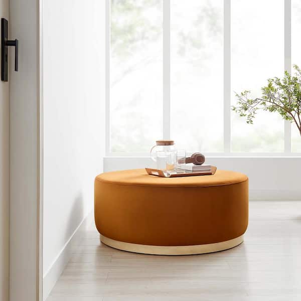 Tilden Large 38 in. Round Performance Velvet Upholstered Ottoman in Rust Natural