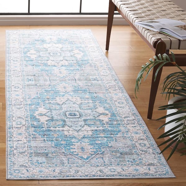 Arizona Gray/Turquoise 3 ft. x 8 ft. Distressed Border Ornate Machine Washable Runner Rug