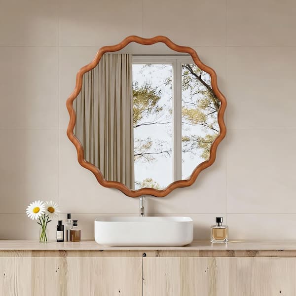 White 30 in. W x 30 in. H Wavy Round Solid Wood Framed Mirror for Bathroom Vanity Living Room Entryway Decor