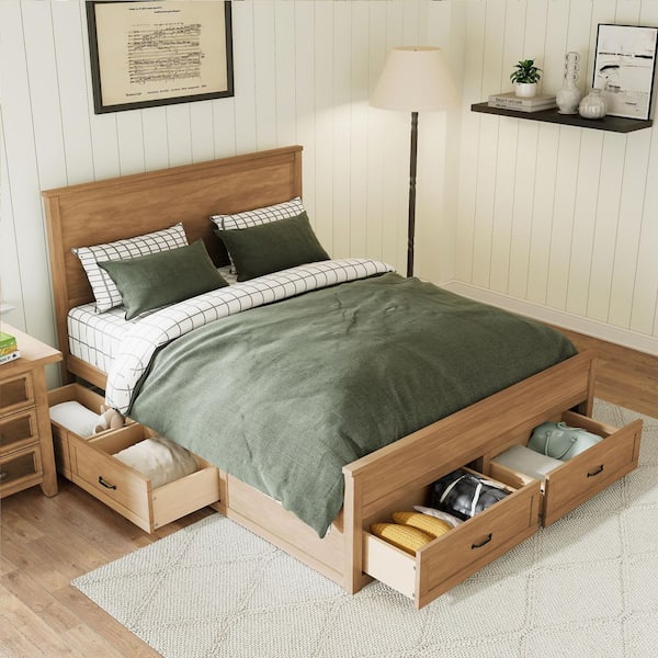 Natural Oak/Brown Wood Frame Queen Size Platform Bed with 6 Drawers