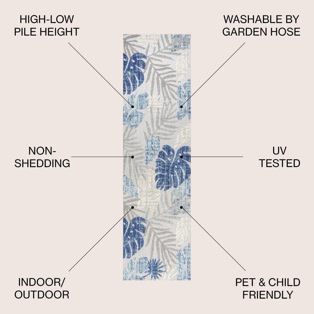 Light Gray and Navy Tropical Leaf Runner Rug, 2'-3" x 8', Synthetic