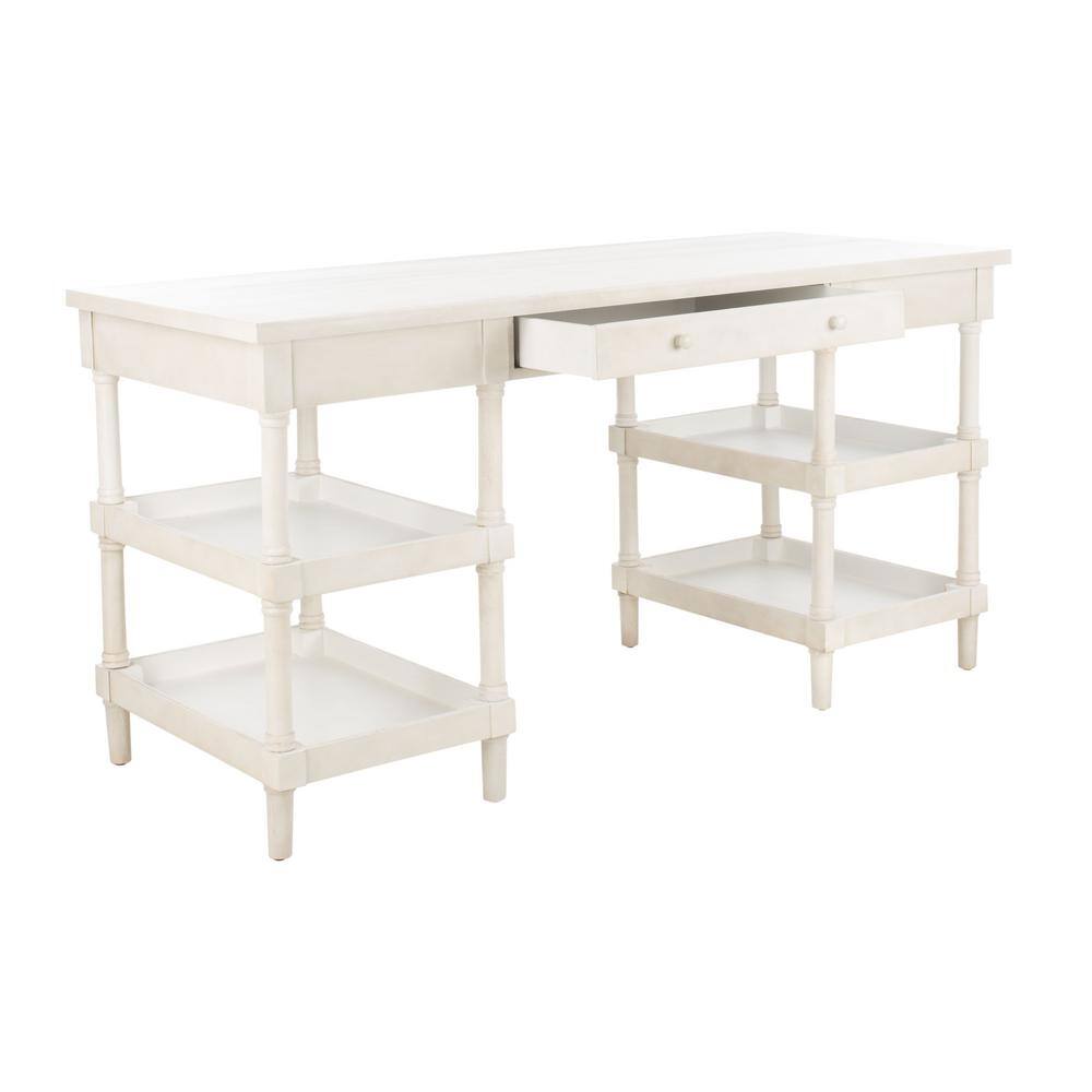White Washed Wood Writing Desk with Drawer and Shelves