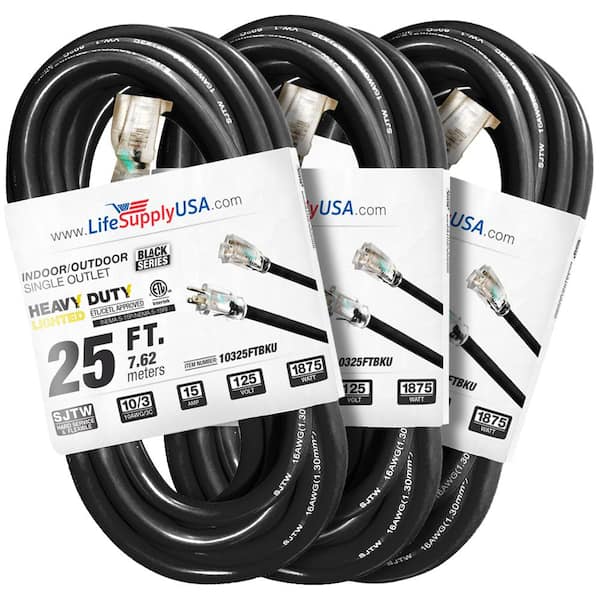 LifeSupplyUSA 25 ft. 10 Gauge/3 Conductors SJTW Indoor/Outdoor Extension Cord with Lighted End Black (3-Pack)
