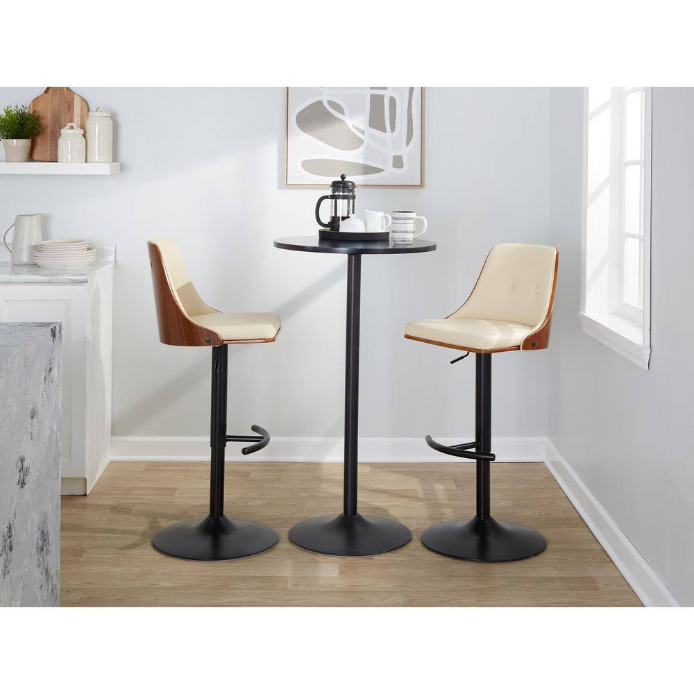 Cream Faux Leather and Walnut Adjustable Swivel Bar Stools, Set of 2