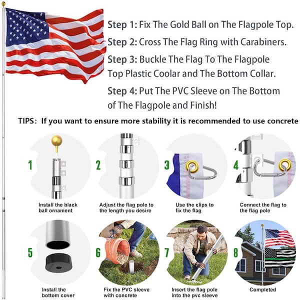6.5ft Aluminum Wall Mounted Flag Pole kit US Flag Gold Ball Top  Sliver/Black