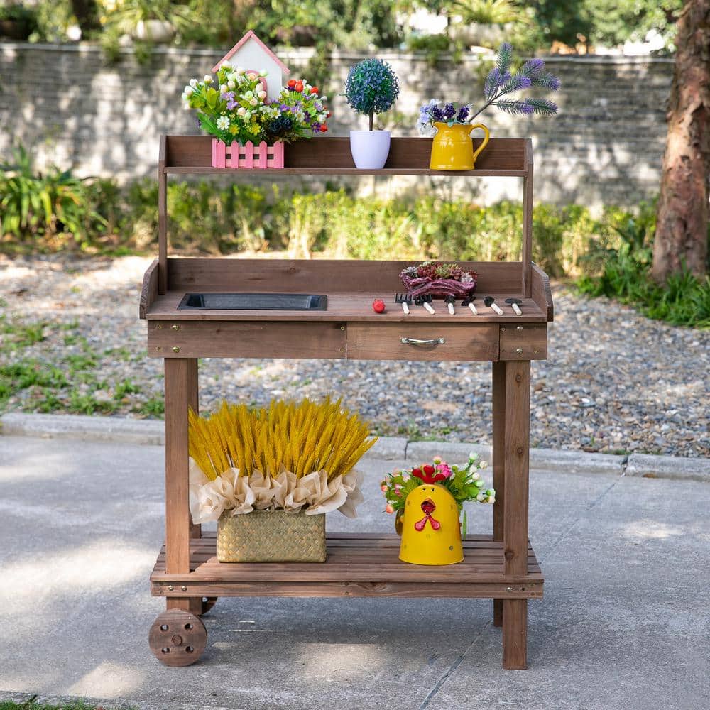 Outsunny 36'' Brown Wooden Potting Bench with Sink and Storage