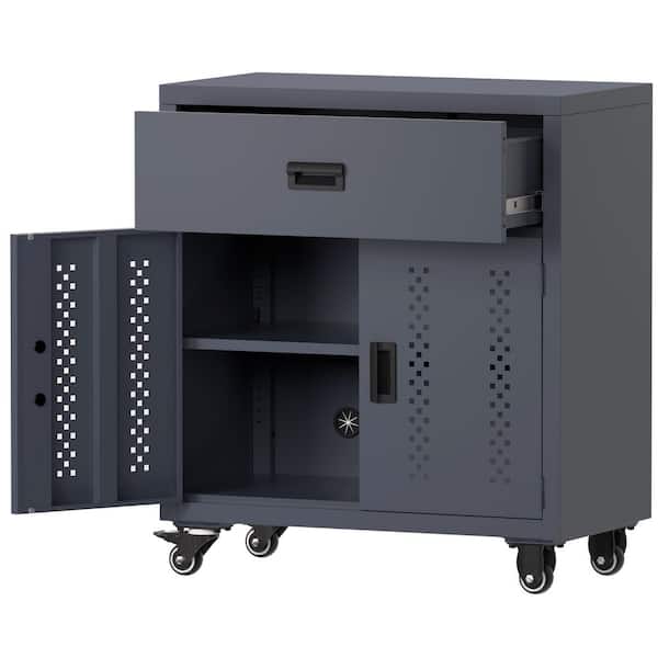 Metal Garage Storage Cabinet with Lockable Door and Adjustable Shelves with 4 Wheels 31 in. Steel Gray Tool Cart