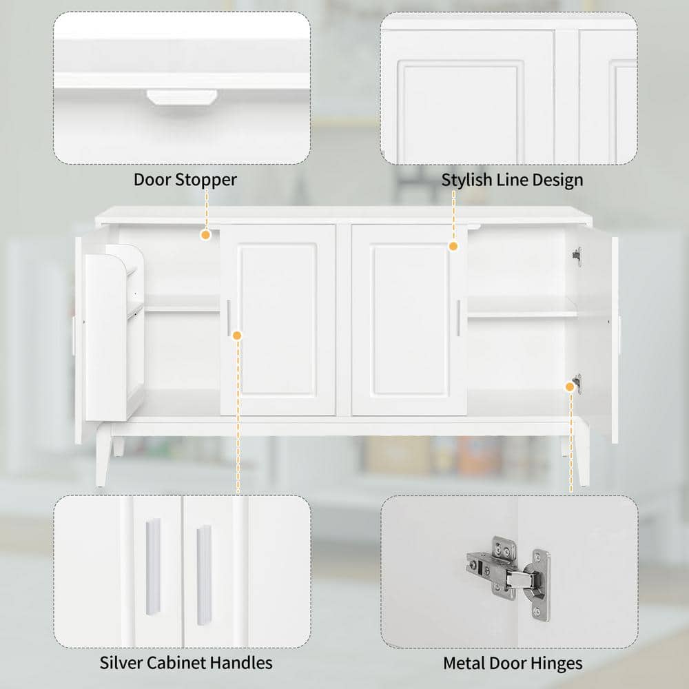 White 60" Modern 4-Door Wood Sideboard with Adjustable Shelves