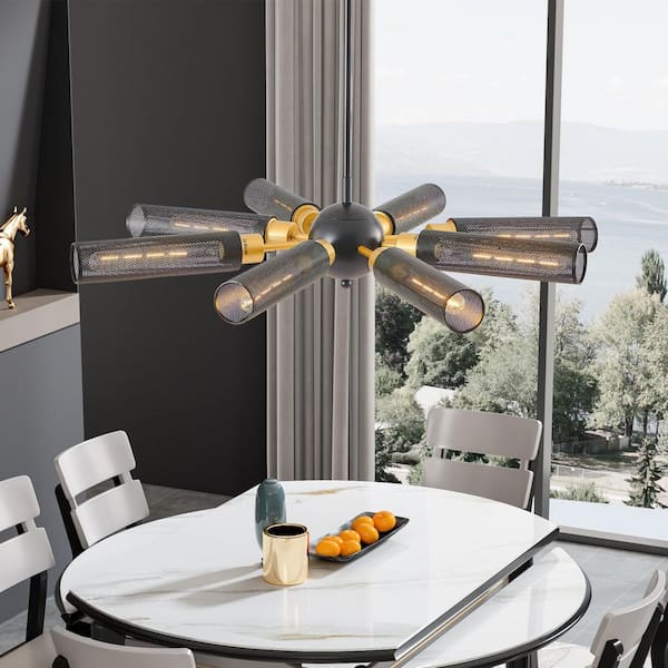 8-Light Black and Gold Metal Mesh Shades Chandelier for Dining Room, Living Room-Adjustable Height (Bulb Not Included)