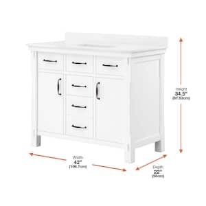 Bellington 42 in. W x 22 in. D x 34.5 in. H Bath Vanity in White with White Engineered Stone Top