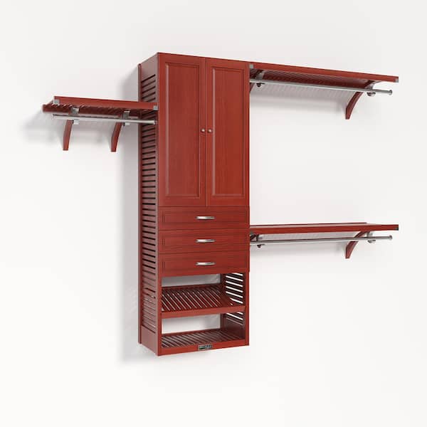 72 in. W - 120 in. W Red Mahogany Walk in with 3 Drawers and Wood Door 16 in. Shelf Wood Closet System