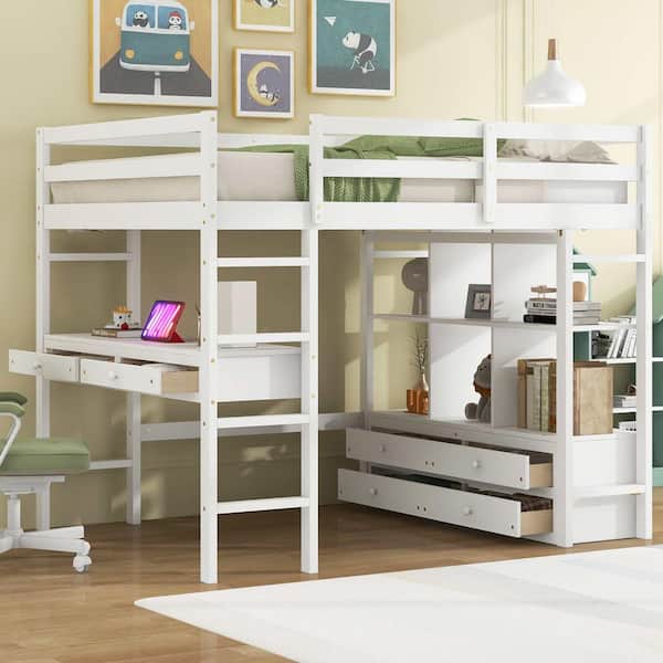 Polibi Full Size Loft Bed with Built-in Desk with 2-Drawers, and Storage Shelves and Drawers, White