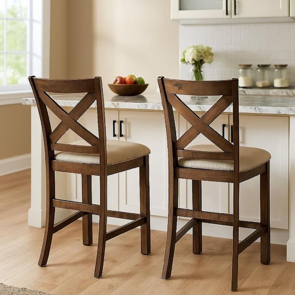 41.5 in. H Beige and Nutmeg Brown High Back Wood Bar Stool with Polyester Seat Set of 2
