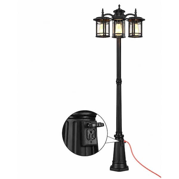 KIYAR 3-Head Outdoor Lamp Post Light with Built-In Outlet, Dusk to