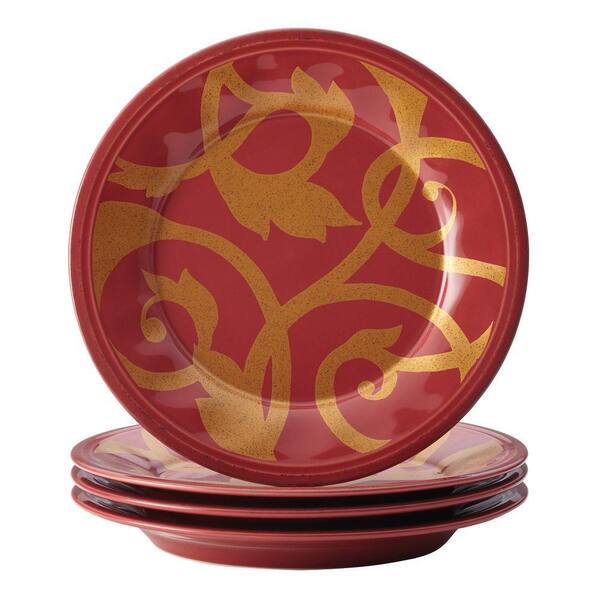 Rachael Ray Dinnerware Gold Scroll 4-Piece Salad Plate Set in Cranberry Red