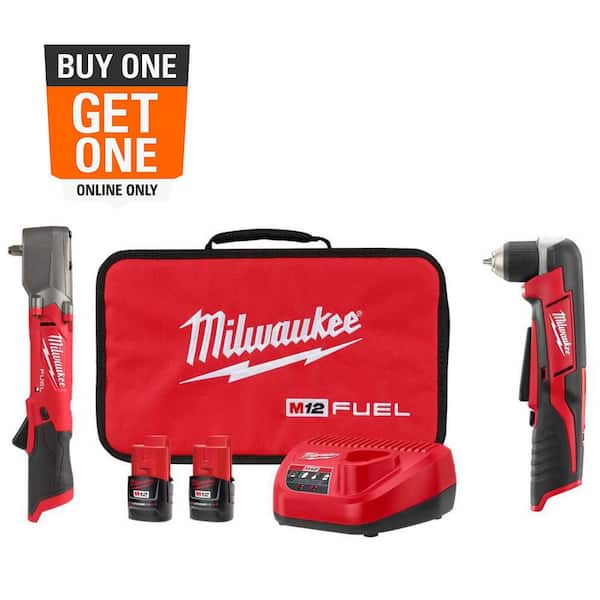 M12 FUEL 12V Lithium-Ion Brushless Cordless 3/8 in Right Angle Impact Wrench Kit w Two 2.0Ah Batteries&Right Angle Drill