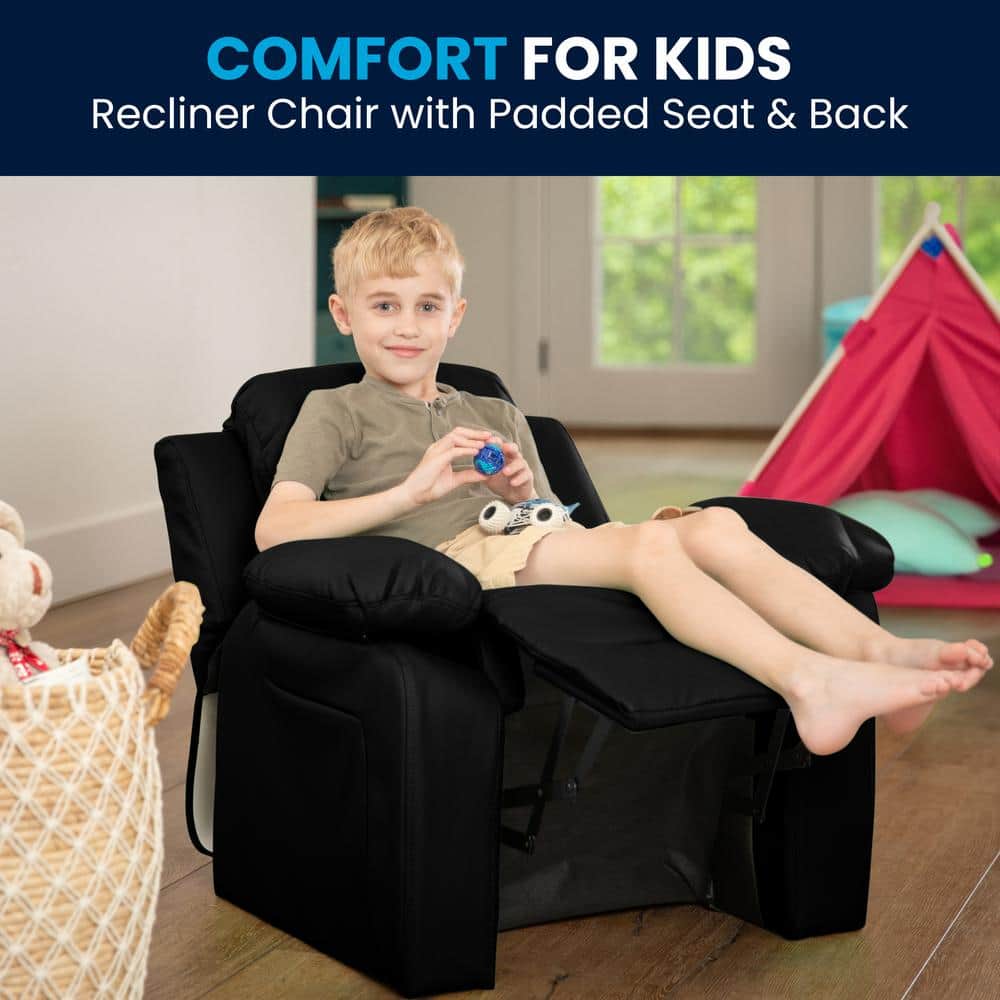 Cozy Kid's Black Microfiber Recliner with Cup Holder and Storage