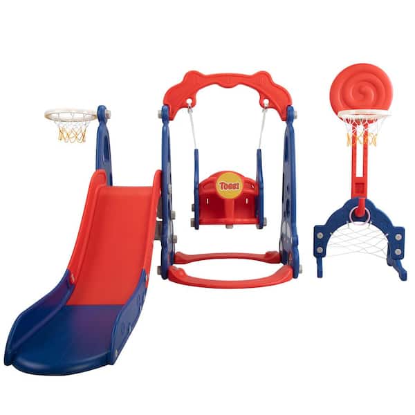 TOBBI TH17Y0858 5 in 1 Kids Slide and Swing Set Indoor Outdoor Playground Toddler Playset with Basketball Hoop - 1